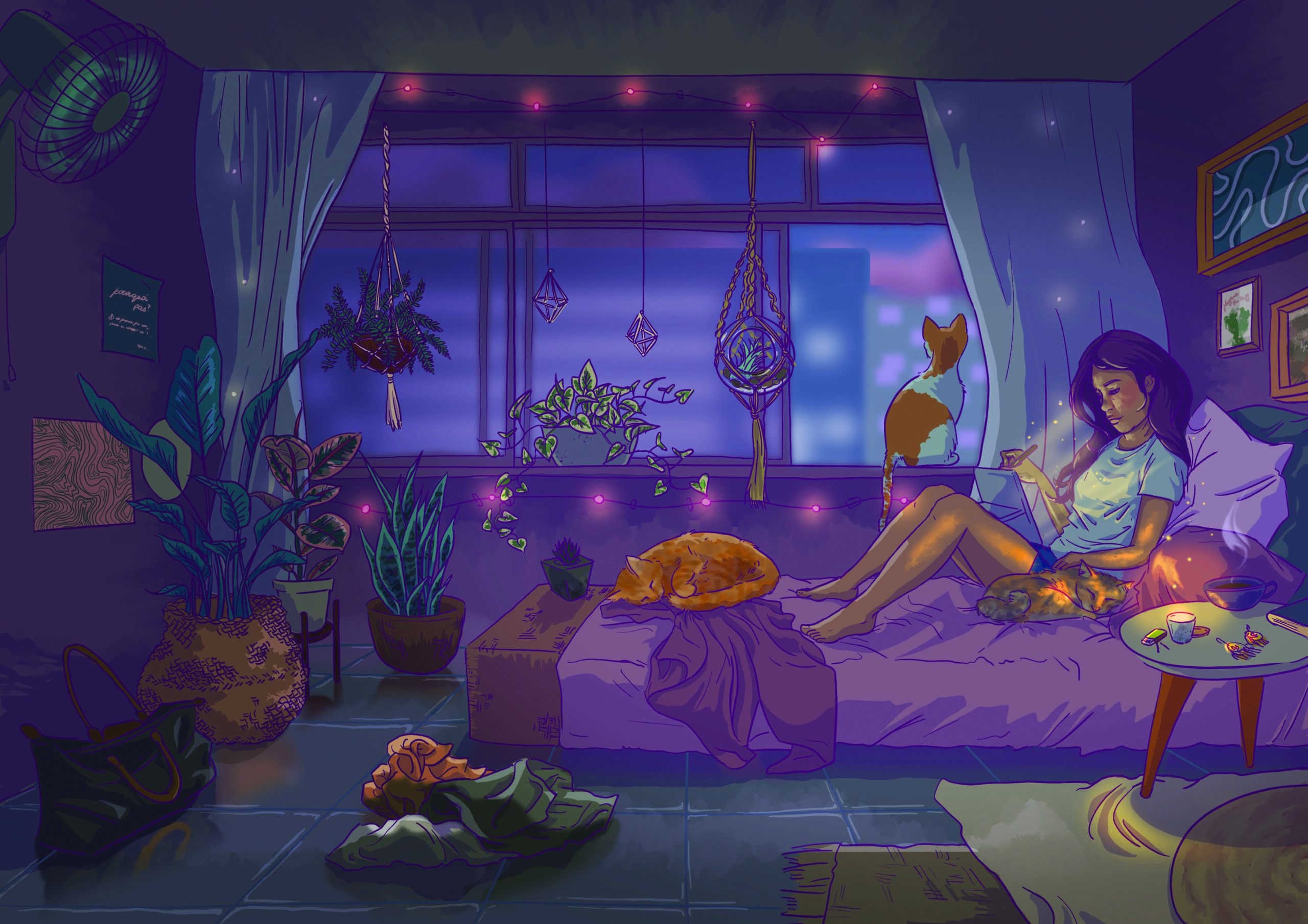 A Chill Evening in a Purple Bedroom