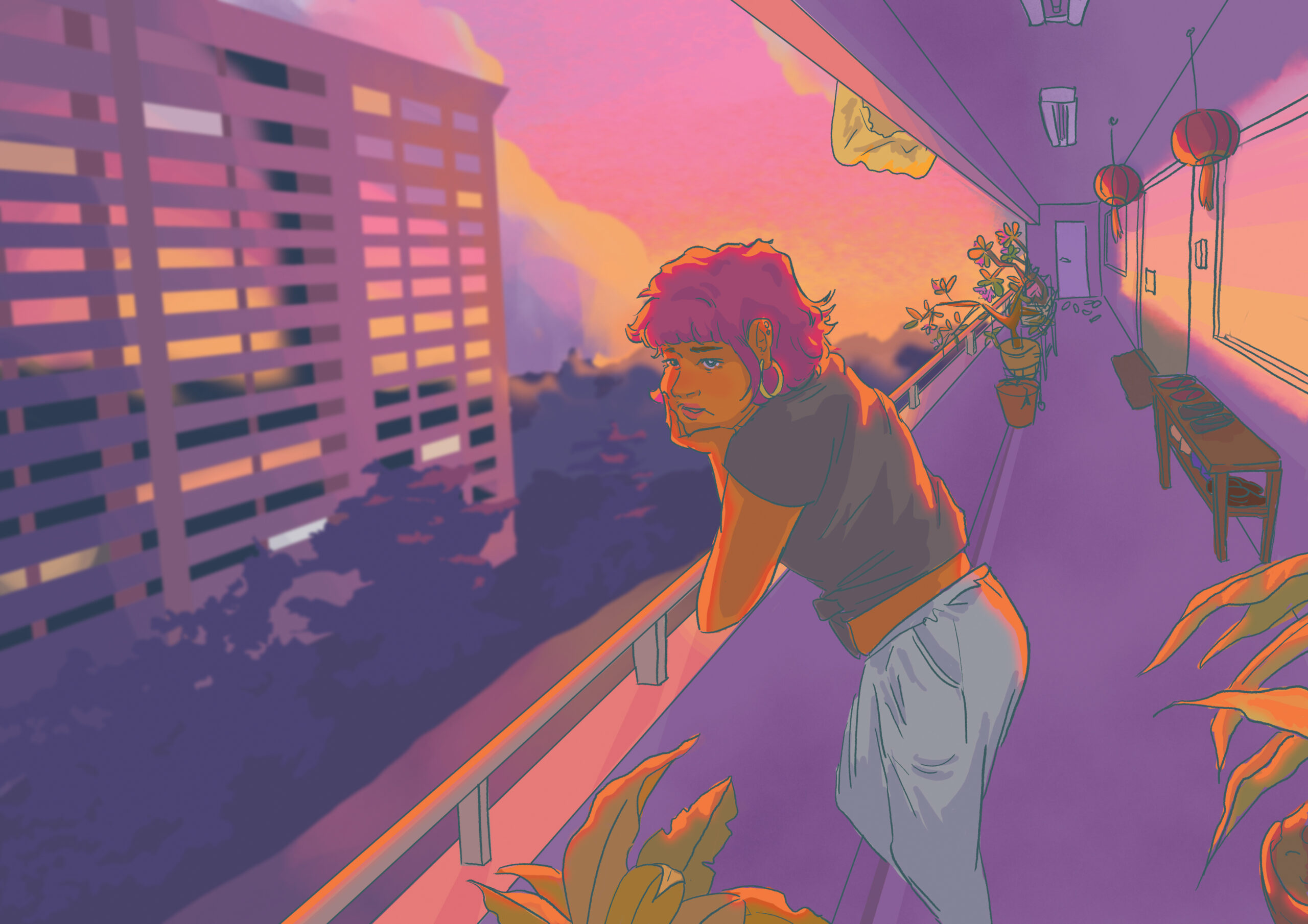 Pink Sunset by an HDB Corridor