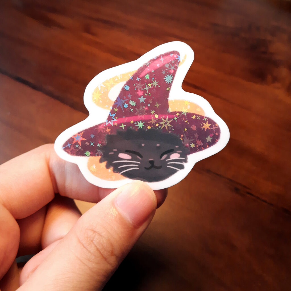Chonky Cat Halloween Holographic Vinyl Sticker Witch Hat