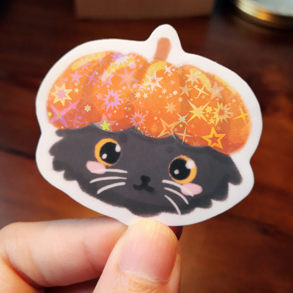 Chonky Cat Halloween Holographic Vinyl Sticker Pumpkin Hat
