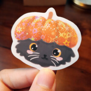 Chonky Cat Halloween Holographic Vinyl Sticker Pumpkin Hat